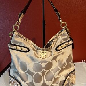 Coach Colette Signature beige sateen python shoulder bag